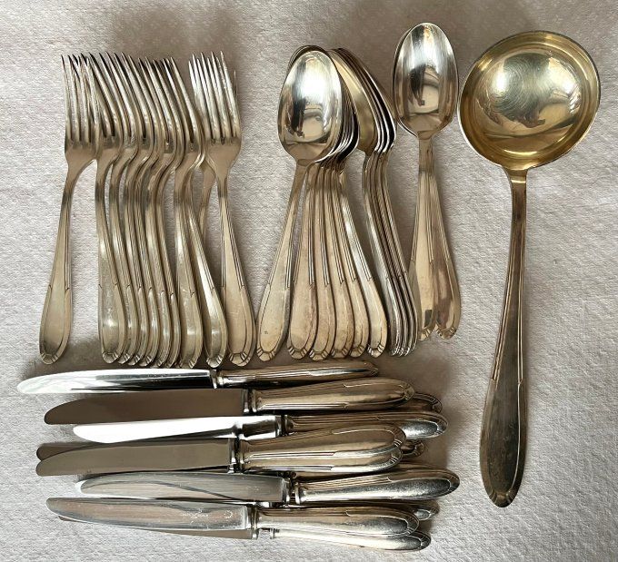 Ancienne ménagère en métal argenté, art déco, 84 pièces, poiçon Albert Frionnet