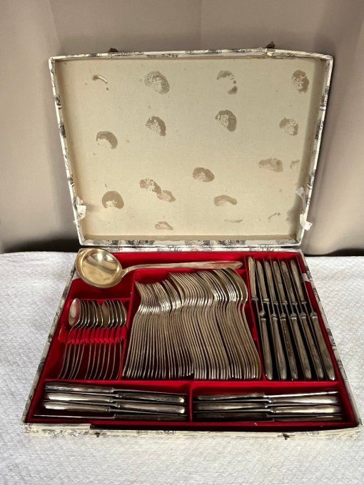 Ancienne ménagère en métal argenté, art déco, 84 pièces, poiçon Albert Frionnet