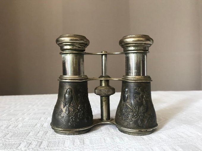 Ancienne paire de jumelles d'opéra, décor oiseaux et cerisier en fleurs