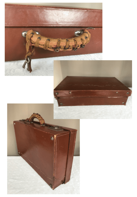 Ancienne valise avec nécessaires de toilette et rangements de papeterie