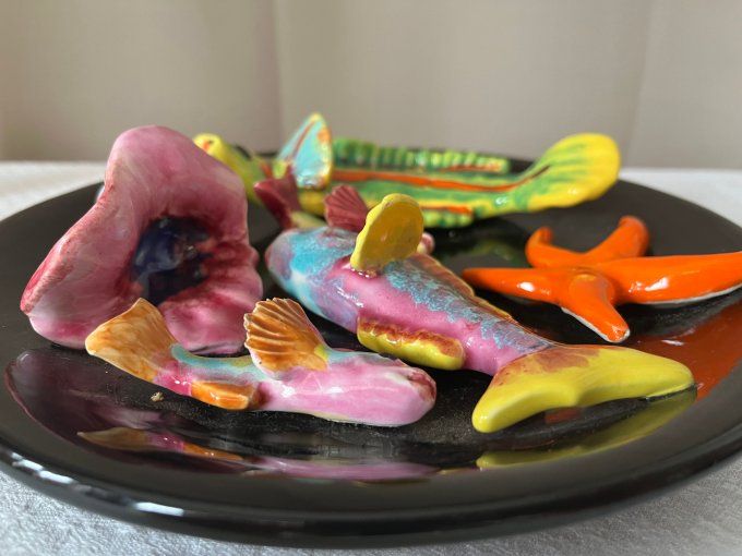 Assiette Décorative Vintage en Barbotine Noire - Poissons et étoile de Mer