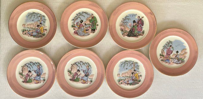 Assiettes anciennes St Amand Céranord semi vitrifié modèle Butterfly au décor japonais, contour rose