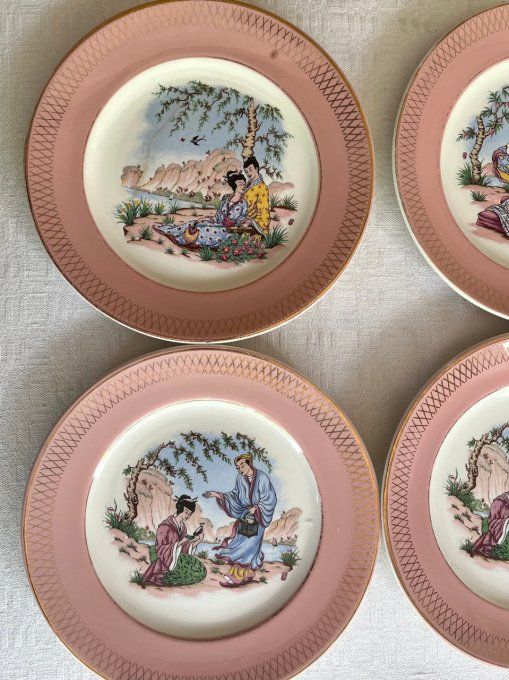 Assiettes anciennes St Amand Céranord semi vitrifié modèle Butterfly au décor japonais, contour rose