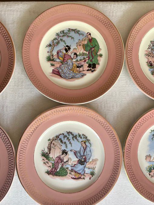 Assiettes anciennes St Amand Céranord semi vitrifié modèle Butterfly au décor japonais, contour rose