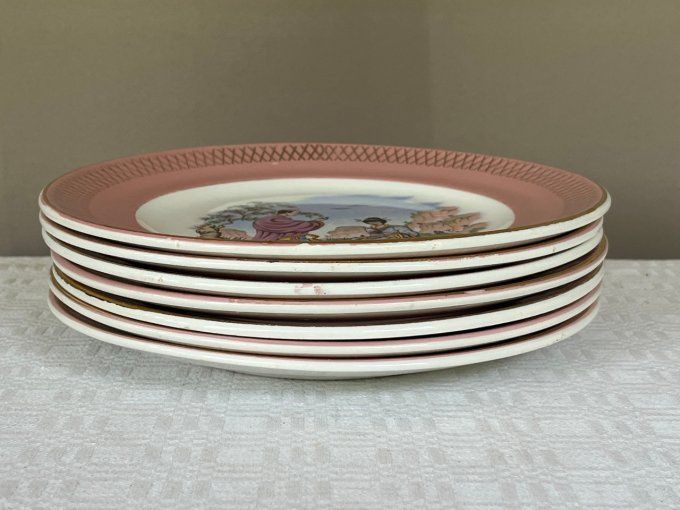 Assiettes anciennes St Amand Céranord semi vitrifié modèle Butterfly au décor japonais, contour rose
