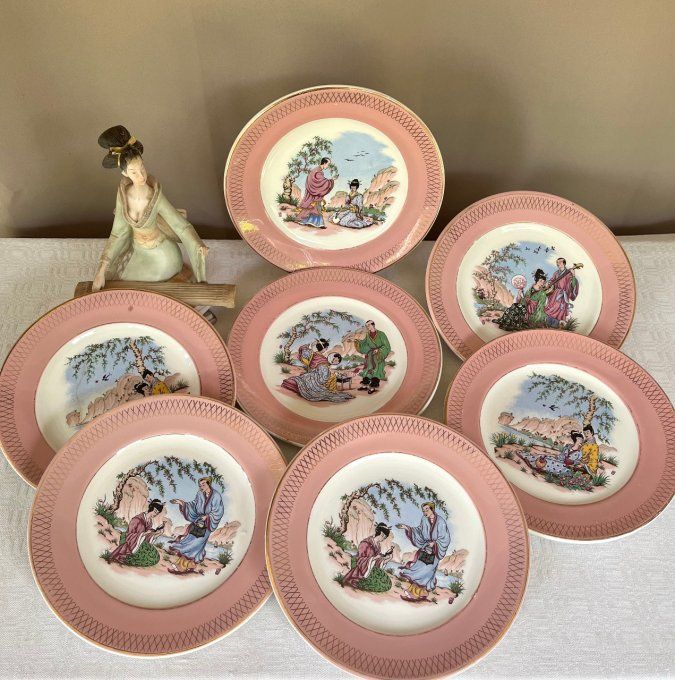 Assiettes anciennes St Amand Céranord semi vitrifié modèle Butterfly au décor japonais, contour rose