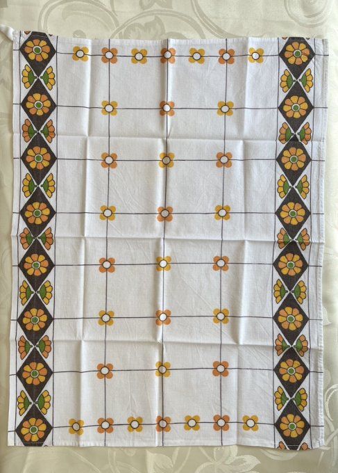 Lot de 3 torchons vintage années 70 - Motifs géométriques et potagers