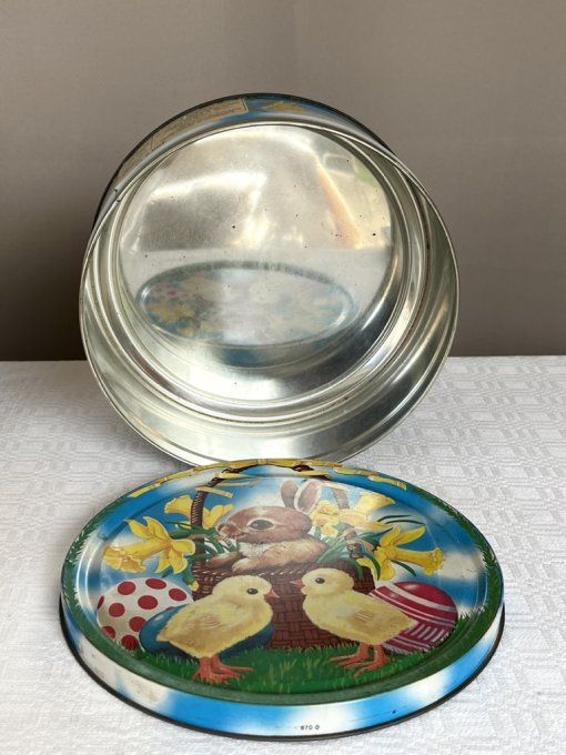 Boite métallique ronde pour Pâques, vintage, décor lapin et poussins 
