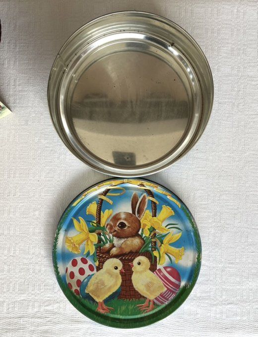Boite métallique ronde pour Pâques, vintage, décor lapin et poussins 