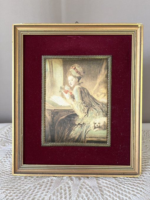 Tableau Vintage Reproduction sur Soie Fragonard Le Billet Doux