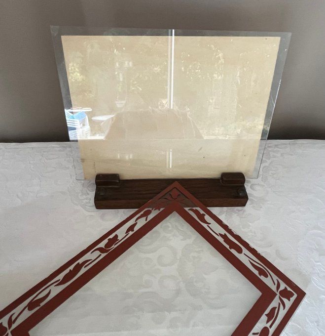 Cadre photo ancien réversible, en verre miroir et bordeaux, porte photo à poser Art Déco