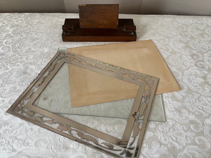 Cadre photo ancien réversible, en verre miroir et bordeaux, porte photo à poser Art Déco