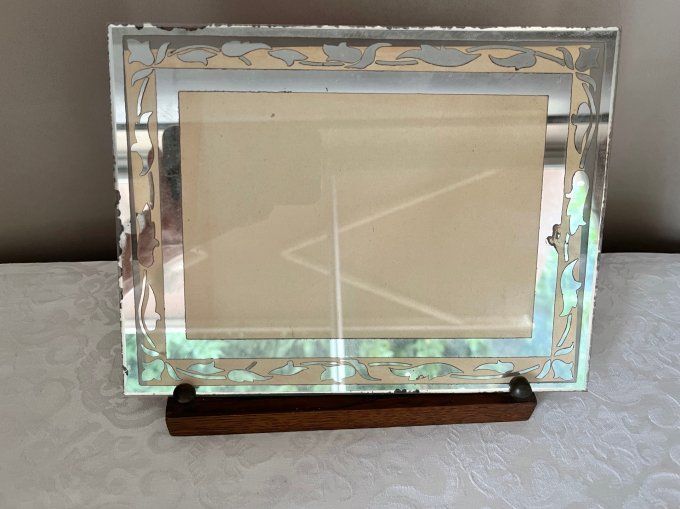 Cadre photo ancien réversible, en verre miroir et bordeaux, porte photo à poser Art Déco