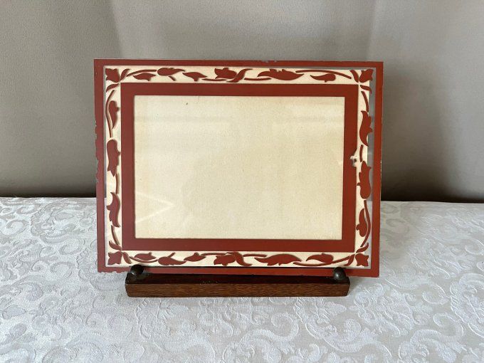 Cadre photo ancien réversible, en verre miroir et bordeaux, porte photo à poser Art Déco