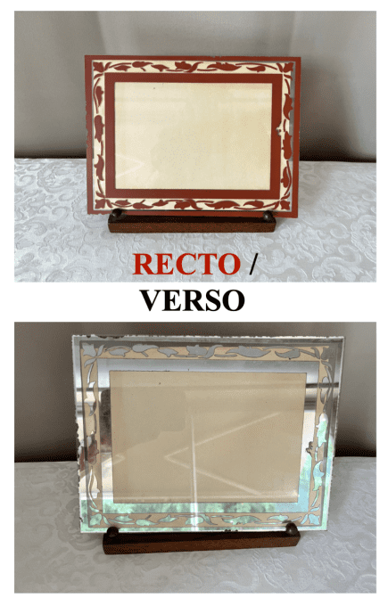Cadre photo ancien réversible, en verre miroir et bordeaux, porte photo à poser Art Déco