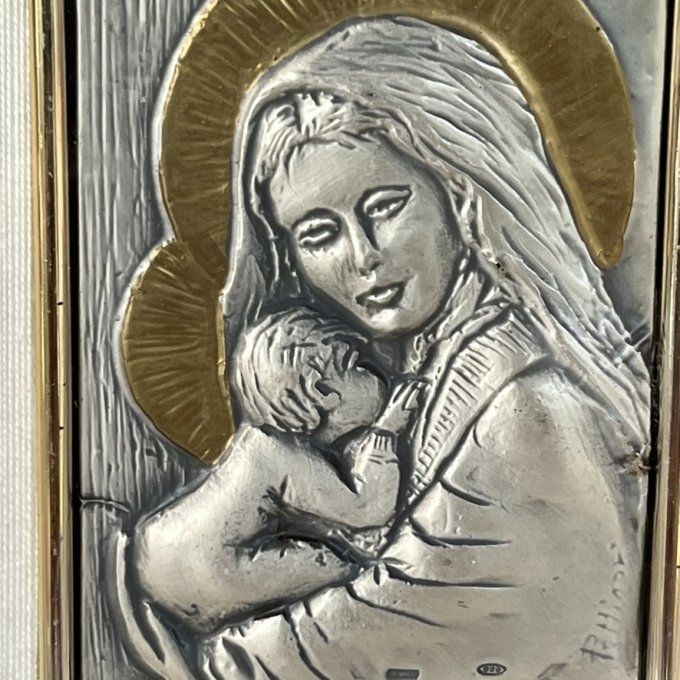 Cadre religieux, Vierge Marie à l'enfant, bas-relief en argent