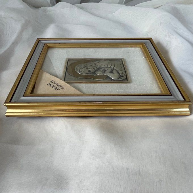 Cadre religieux, Vierge Marie à l'enfant, bas-relief en argent
