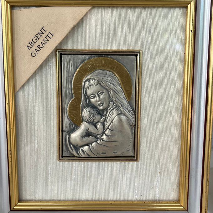 Cadre religieux, Vierge Marie à l'enfant, bas-relief en argent