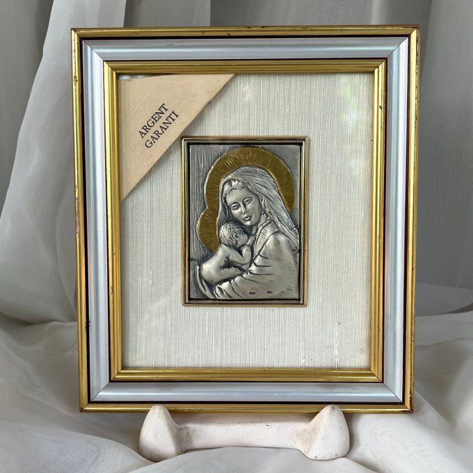 Cadre religieux, Vierge Marie à l'enfant, bas-relief en argent