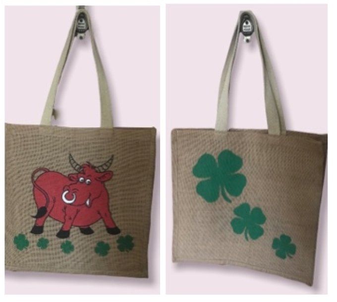 Sac, cabat en jute, motifs Vache et trèfles à 4 feuilles