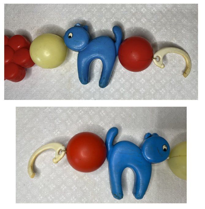 Lot de jouets de bébé vintage, hochet, éveil, chaine de poussette, pour collection ou déco vintage 
