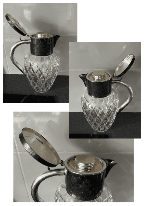 Carafe en cristal taillé et métal argenté avec tube rafraîchisseur en verre