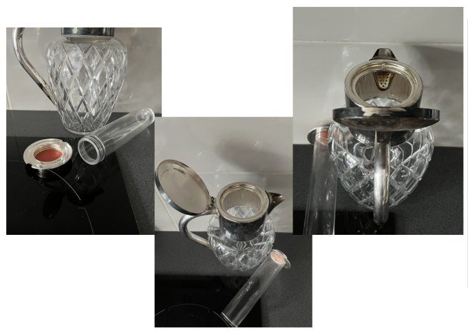 Carafe en cristal taillé et métal argenté avec tube rafraîchisseur en verre