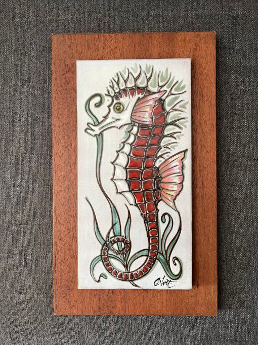 Carreau en faience décoratif, vintage, Hippocampe. Signé