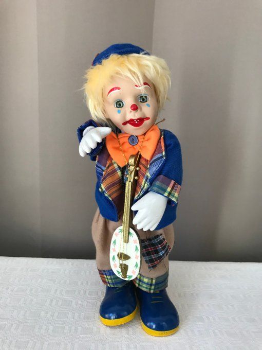 Clown, automate en porcelaine, musical, Vintage