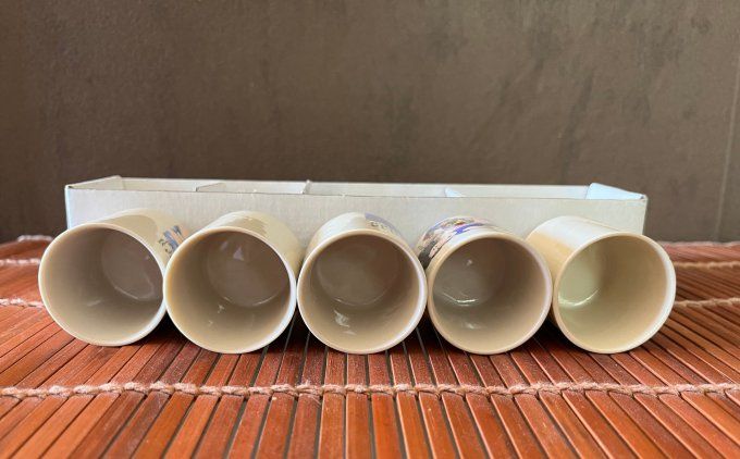 Coffret de 5 tasses à saké japonaises en faïence - Décor asiatique érotique Shunga - Neuf