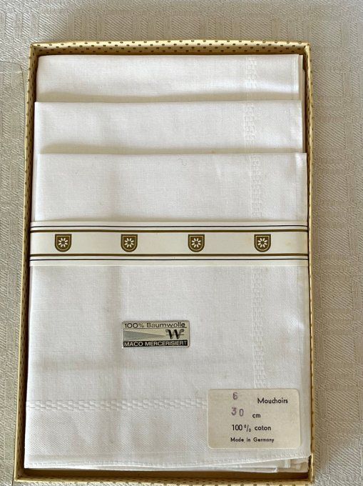 Coffret de 6 mouchoirs blancs neufs, 100% coton Mako mercerisé Made in Germany.