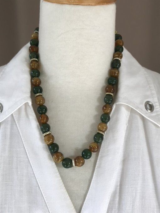 Collier à perles vertes et ambres, Vintage