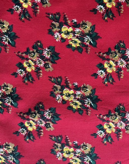 Coupons de Tissu vintage, fond rouge fleuri, Mireille, Ydil, France, Années 60/70