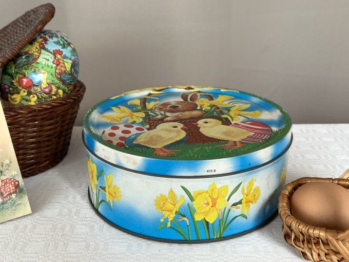 Boite métallique ronde pour Pâques, vintage, décor lapin et poussins 