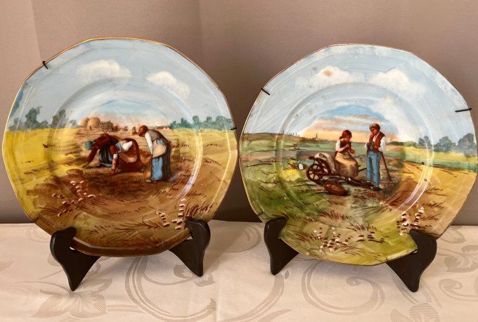Décoration murale, 2 assiettes, reproductions de Millet, signées PL, Limoges, Porcelaine Limousine