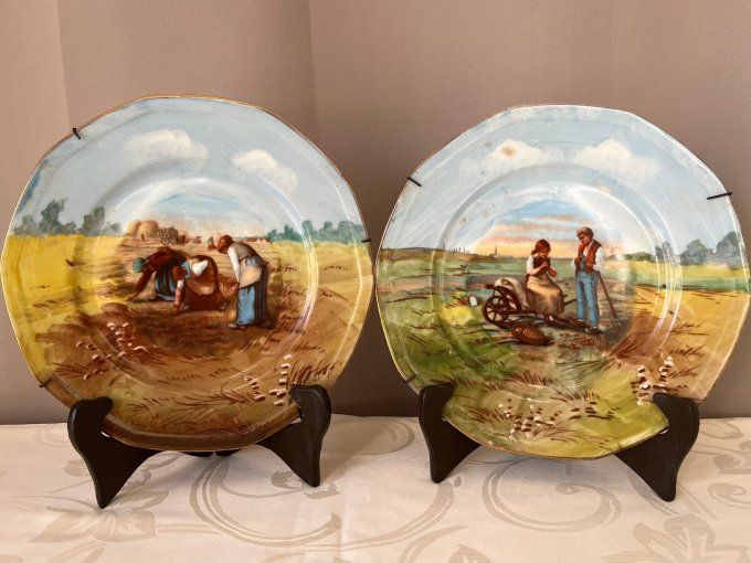 Décoration murale, 2 assiettes, reproductions de Millet, signées PL, Limoges, Porcelaine Limousine