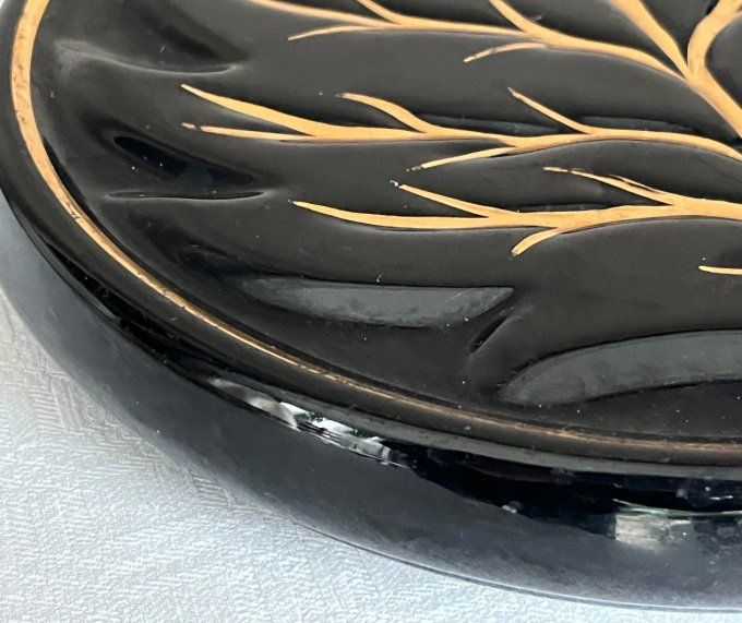 Dessous de plat en céramique, "Arbre de vie" noir et doré, vintage