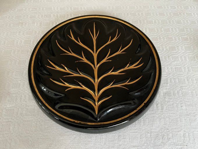 Dessous de plat en céramique, "Arbre de vie" noir et doré, vintage