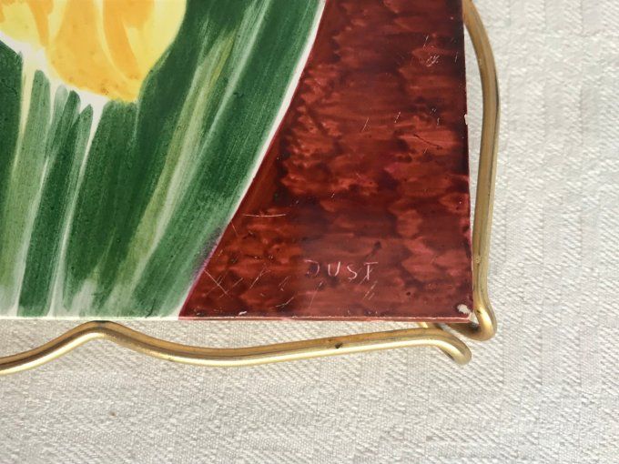 Dessous de plat floral vintage, carreau de faïence Mettlach VB, signé Just