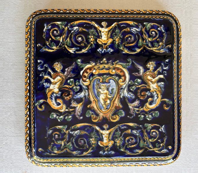 Dessous de plat GIEN décor renaissance italienne faïence Bleue 1938/1960