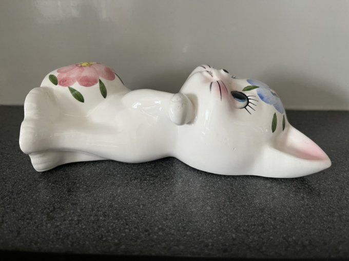 Dévidoir à ficelle, chat en faïence au décor floral, vintage