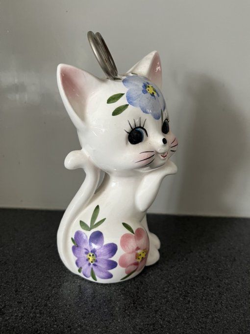 Dévidoir à ficelle, chat en faïence au décor floral, vintage