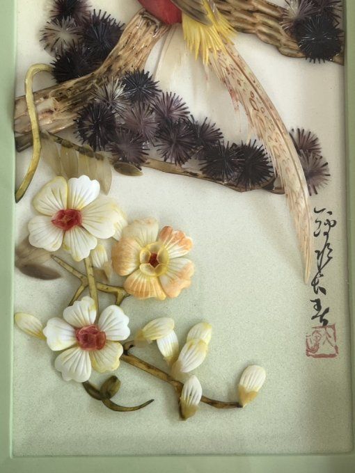 Diorama, cadre chinois avec oiseaux en nacre et coquillage, Pearl Brand, Vintage