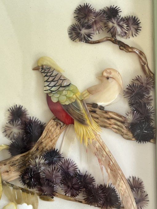 Diorama, cadre chinois avec oiseaux en nacre et coquillage, Pearl Brand, Vintage
