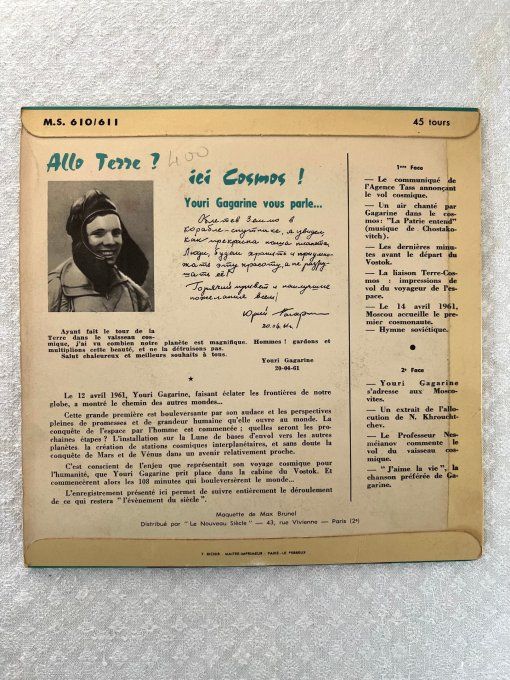 Disque vinyle, 45 tours, Allo la terre ? Ici cosmos, Youri Gagarine vous parle ....