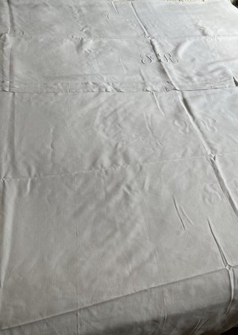 Drap ancien, broderie FR en lin,  207 X 334 cm