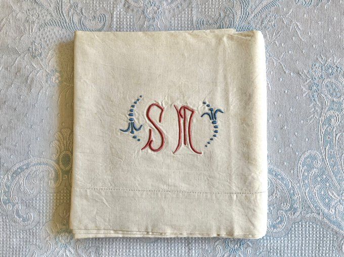 Drap ancien en métis brodé SM, pour grand lit