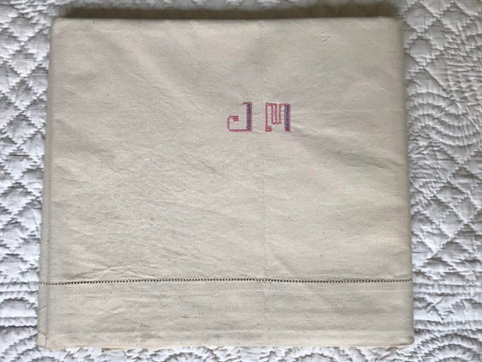 Drap en métis ancien, monogramme en broderie JM, Neuf