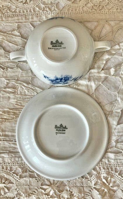 Duo, 1 bol + 1 assiette, décor floral bleu, porcelaine blanche Rosenthal Studio-linie, Germany