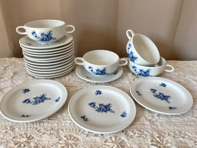 Duo, 1 bol + 1 assiette, décor floral bleu, porcelaine blanche Rosenthal Studio-linie, Germany